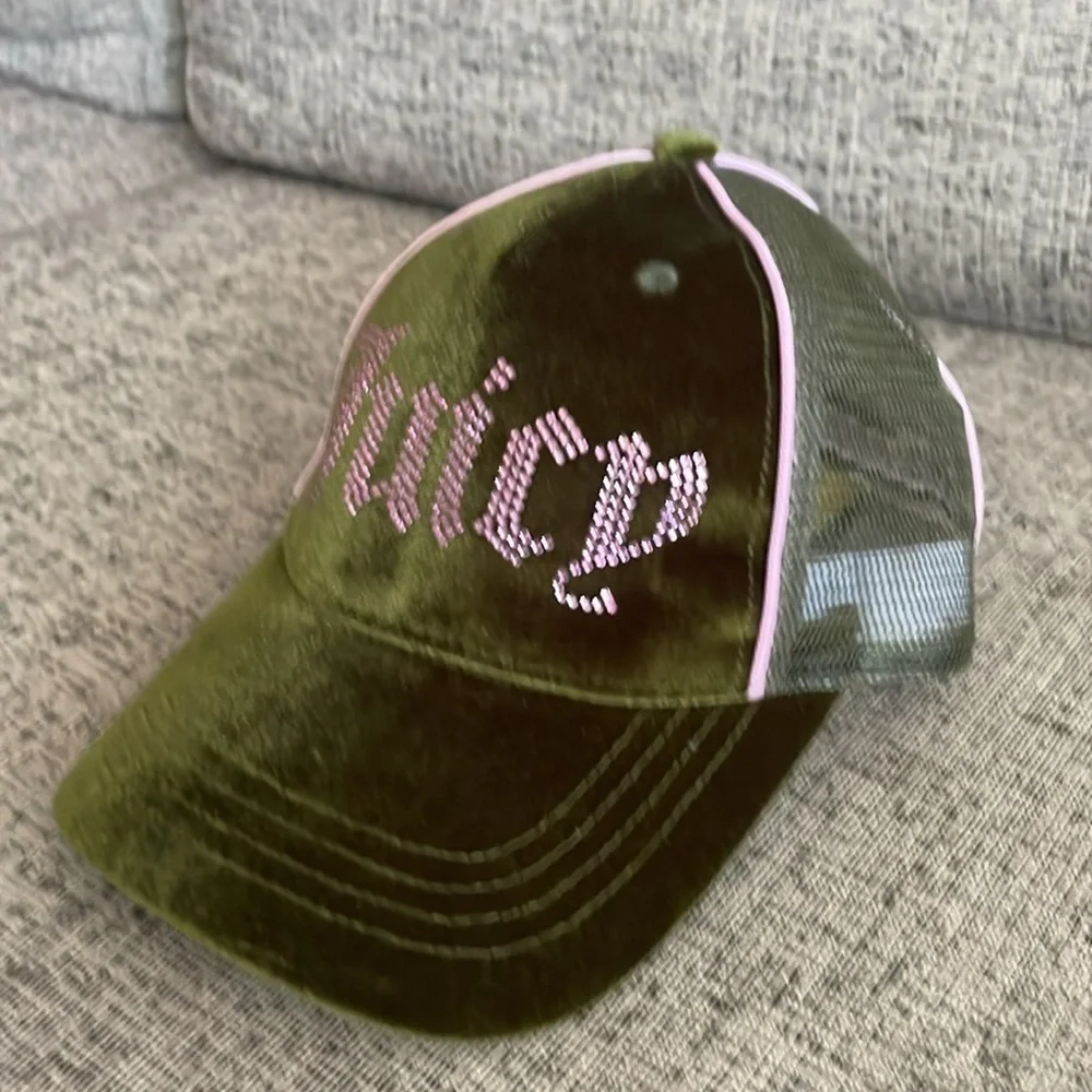 Juicy Couture Olive Green Velour Velvet Baseball Cap with Pink Crystal Logo‎